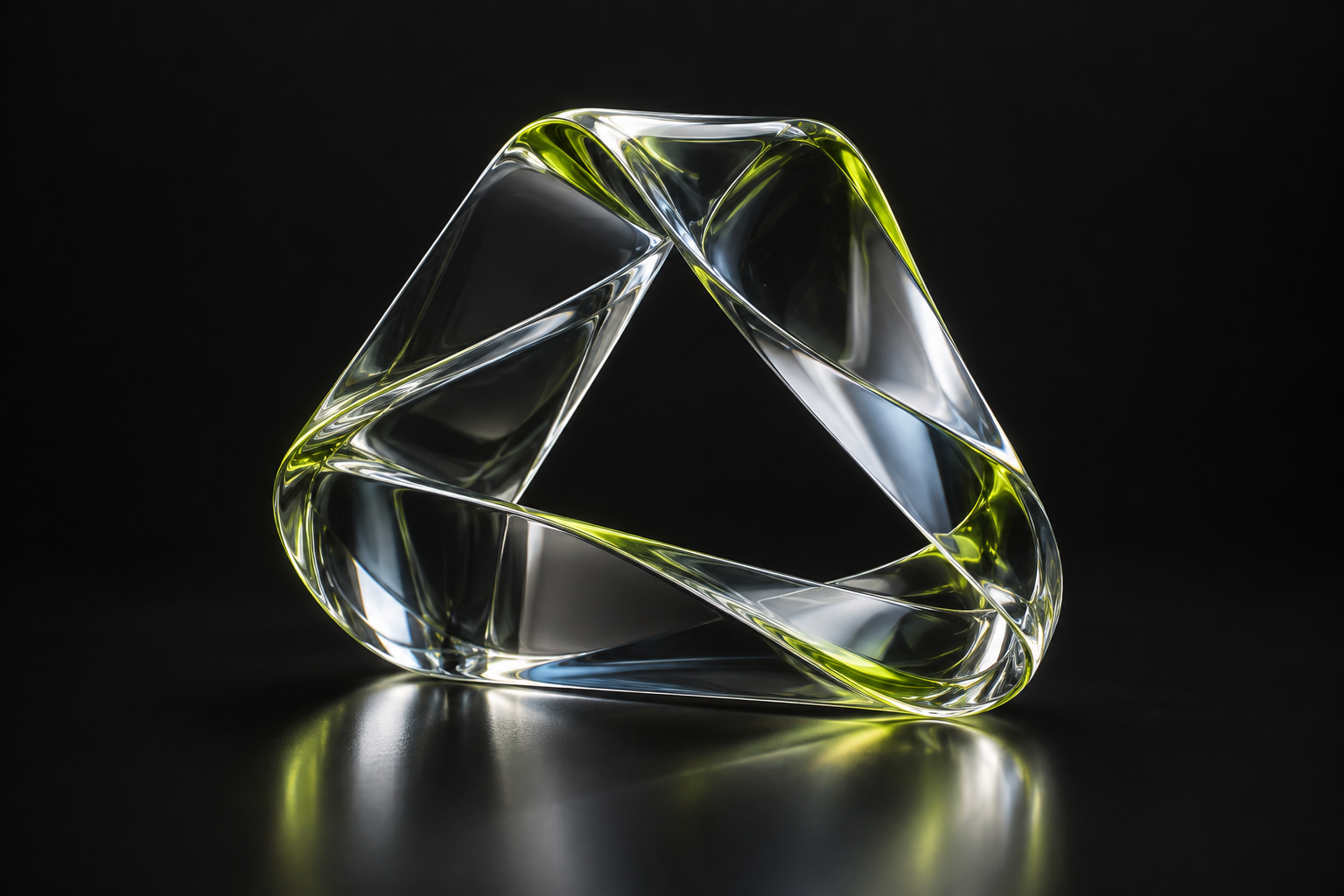 A sculptural glass loop refracting silver and chartreuse light